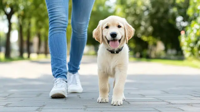 small-pup walking with lady